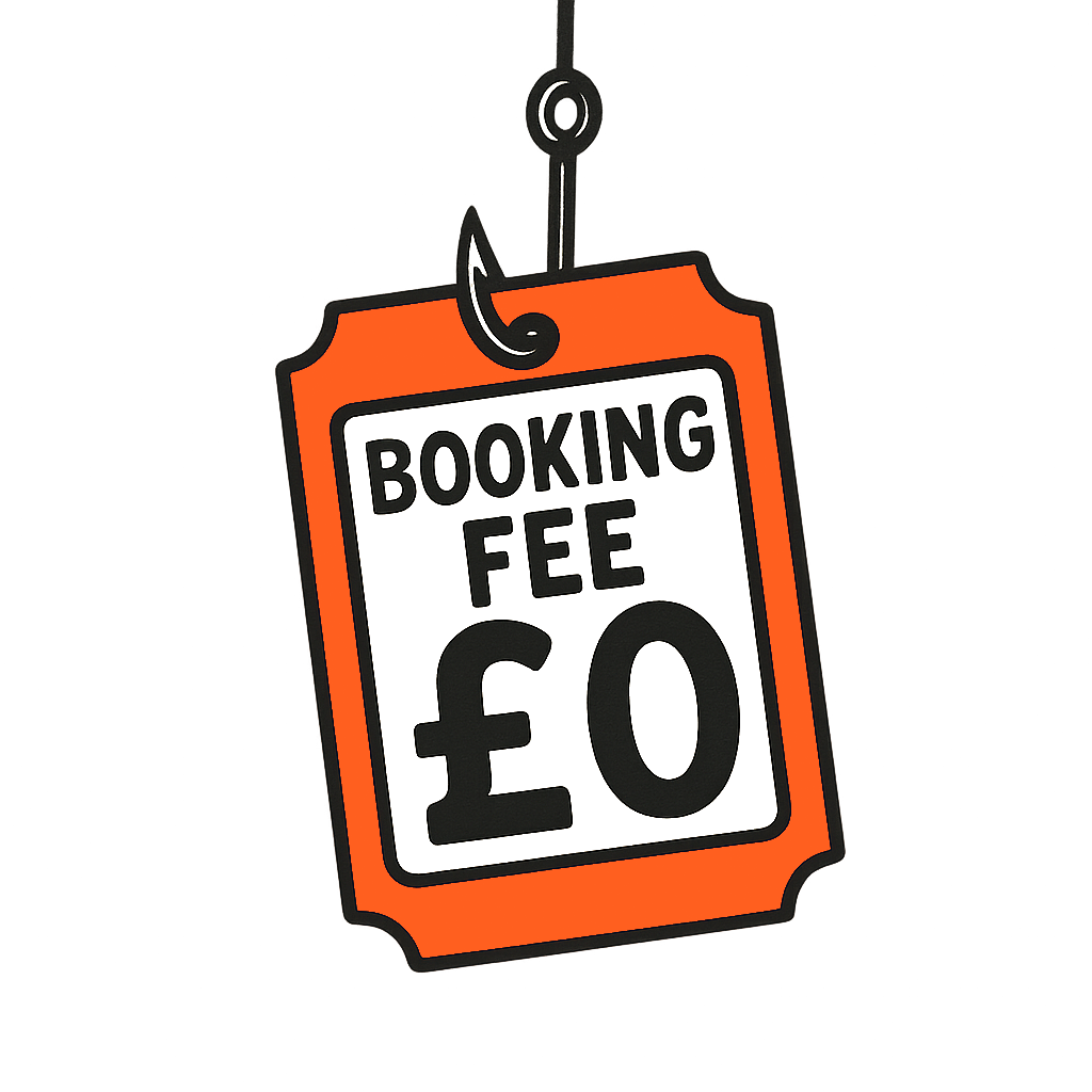 A ticket dangling from a fishing hook, showing a £0 booking fee